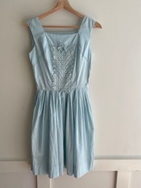 Authentic 1950s Gidget Style Sundress | Pastel Blue w/ Heart Lace | Petite XXS